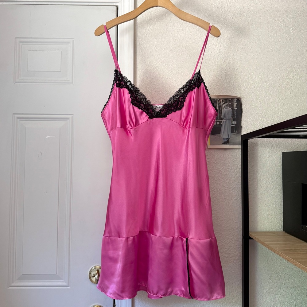 LINEA DONATELLA pink contrast black lace satin sleep slip mini dress